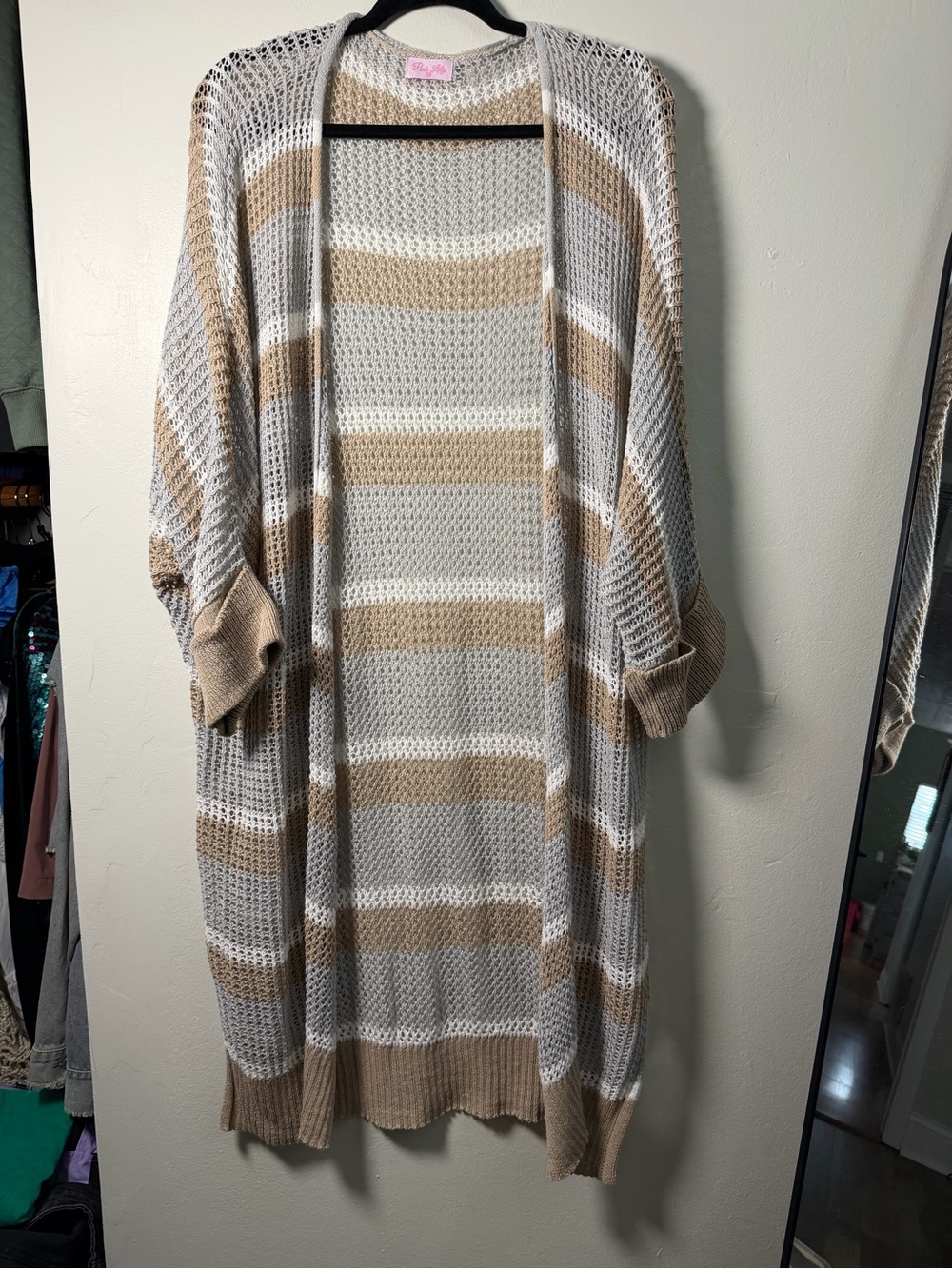 Pink Lily Lightweight Open-Front Knit Cardigan Sweater - Beige & White Stripe